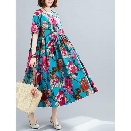Johnature Women Summer Dresses Cotton Linen High Waist Robes 2021 New O-Neck Short Sleeve Print Floral Female Loose Dresses