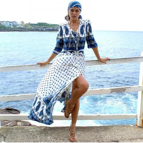 TEELYNN boho women dress 2019 blue floral print dresses sexy v-neck Drawstring waist summer dresses Gypsy beach dress Vestido