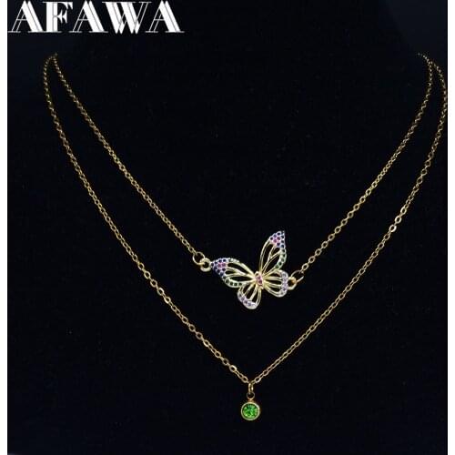 2PCSFAWA Zircon Copper Stainless Steel Butterfly Necklace Women Gold Color Layered Statement Necklace Jewelry gargantilla N63S01