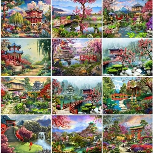 5D Diy Diamond Painting House Cross Stitch 3D Diamond Embroidery Cherry Blossoms Landscape Rhinestone Mosiac Picture Home Decor