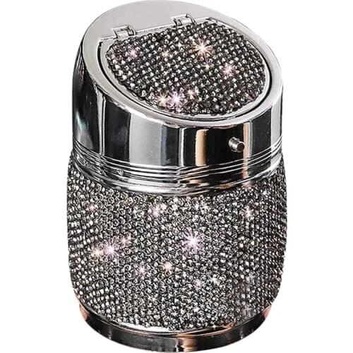 Auto Car Ashtray, Smokeless Stainless Portable Bling Crystal Cylinder Cup Holder with Lid for Car Truck SUV Office