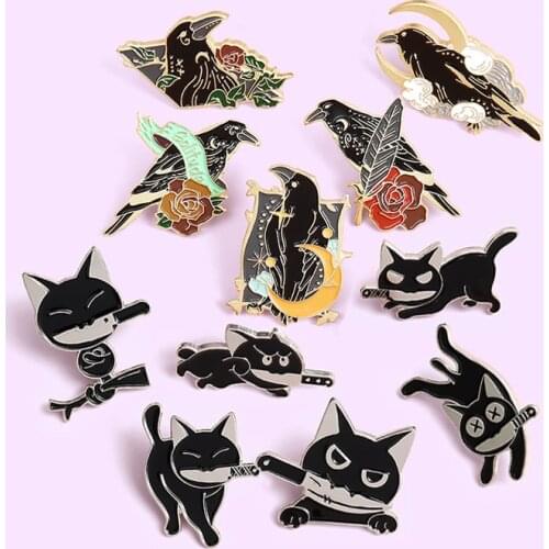 Cute Animal Black Cat Crow Enamel Pin Custom Bird Feather Moon Flowers Kung Fu ninja cat Brooches Pin Punk Badge Jewelry Gift
