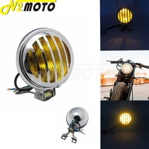 5'' Chrome Motorcycle Vintage Refit Grill Side Mount Headlight Front Head Lamp For Harley Sportster Cafe Racer Chopper Bobber