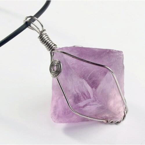 Kraft-beads Silver Plated Wire Wrap Irregular Shape Purple Fluorite Stone Pendant Ethnic Style Jewelry