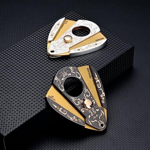 CIGARLOONG Cigar Cutter Bronze Engraved Stainless Steel Portable Cigar Guillotine