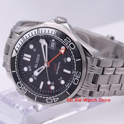 Bliger 41mm Automatic Mechanical Mens Watch Sapphire Crystal Stainless Steel Bracelet Luminous Calendar Clock GMT Male Watch