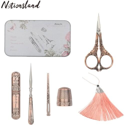 7Pcs/Set Retro Scissors Set Vintage Scissor Needle Storage Tube Embroidery Scissors Needle Sewing Kits Sewing Supplies Craft