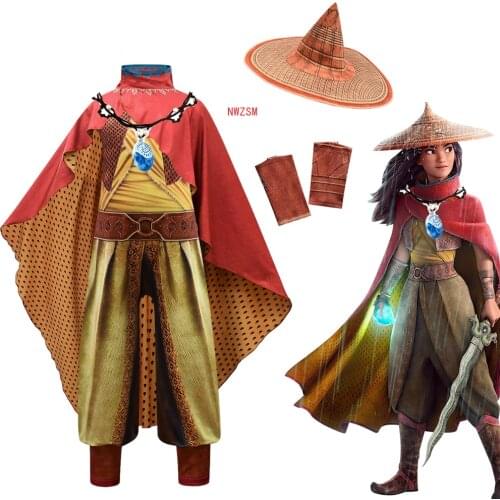 Newest cartoon and The Last Dragon Kid Cosplay Halloween Costume Raya Bodysuit Fancy Set Children Performance suit necklace