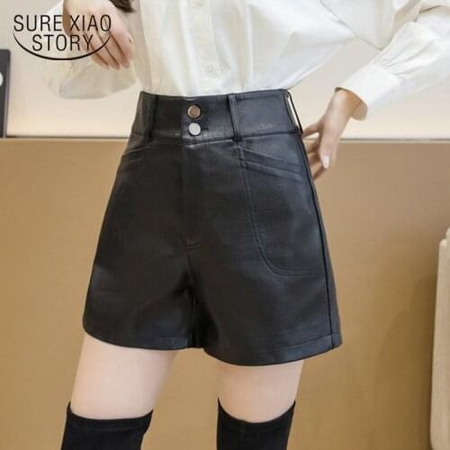 Autumn Winter Solid Slim Wide Leg Shorts High Waist PU Leather Shorts Women Fashion Sexy Leather Shorts Women Short Femme 12664