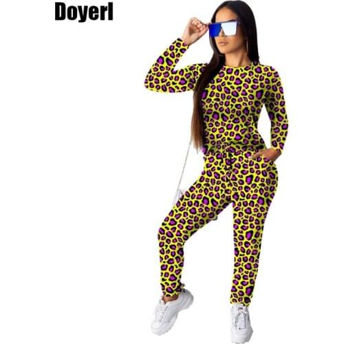 Autumn Winter 2 Piece Set Women Tracksuit Leopard Print Crop Top and Pants Sport Suit Set Female Two Piece Casual Matching Sets
