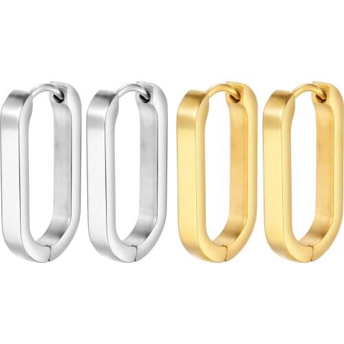 Pair Simple Geometric Rectangular Lock Buckle Gold Oval Shape Small Hoop Earrings Women Party Jewelry