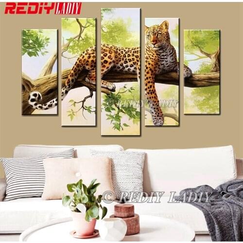 REDIY LADIY Diamond Embroidery Triptych Diamond Painting Cross Stitch 5 Panels Wall Art Big Cats Leopard Mosaic Modular Picture