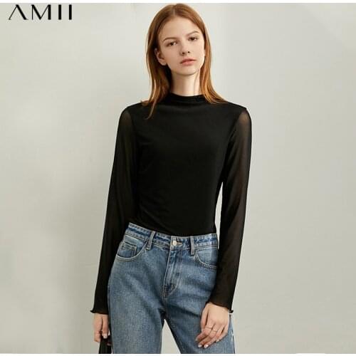 Amii Minimalism Spring New Womens Shirt Tops Causal Solid Mesh Slim Fit Elasticity turtleneck Women Tshirt Tops 11920272