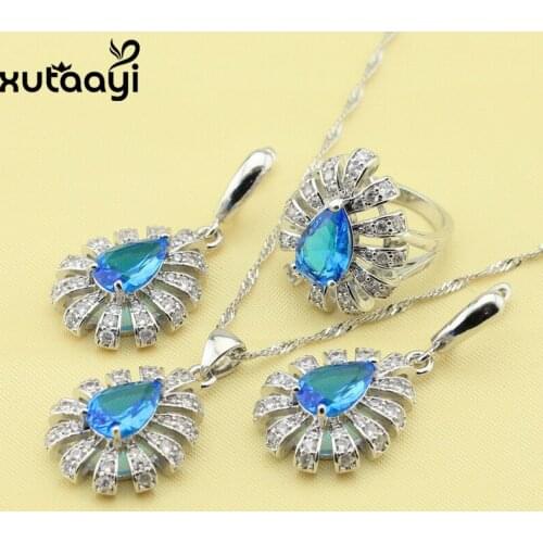 XUTAAYI Silver Women Fashion Party Water Drop Jewelry Blue Zircon White Crystal Earrings Necklace Pendant Rings