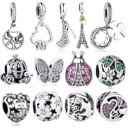 ELESHE 100% 925 Sterling Silver Charm Bead Crystal Ladybug Dog Family Tree Clover Heart Charm Fit Original Bracelet DIY Jewelry