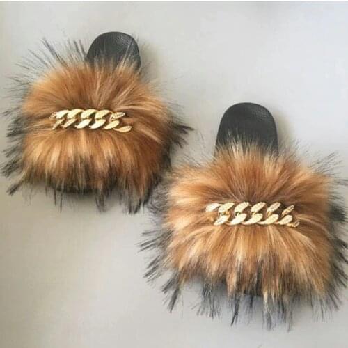 Hot Women Holiday Jelly Chain Travel Plush Faux Fur Slippers Ladies Glitter Chain Luxury Faux Fur Beach Flip Flops Large Size
