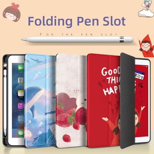 Cute Cartoon Case For iPad 7th Generation 10.5 2019 9.7 2017 2018 Air Mini 1 2 3 4 5 Pro 11 2020 Foldable Shell Pencil Holder