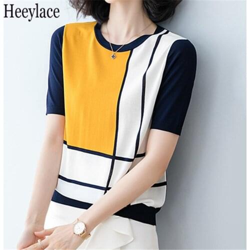 Knitted Pullovers Women Sweaters 2021 New Summer Fashion O-Neck Short Sleeved Patchwork Stella Filante Jumper Thin Tops Femme