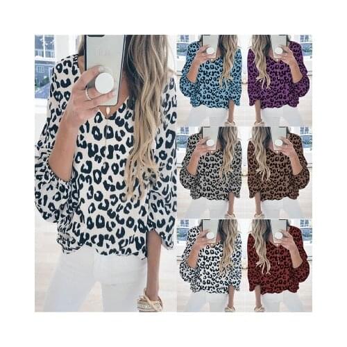 Woman Tshirts 2021 Selling Leopard v-neck Leisure Coat Lantern Sleeve T-shirt Female Harajuku T Shirt Women BX041