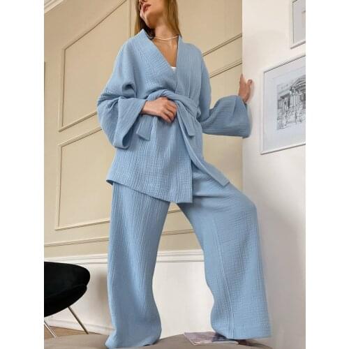 100% Cotton Womens Nightgown Robe Pajama Sets Flare Nightgown Trouser Suits Drop Sleeves Set Woman 2 Pieces Bathrobe For Women