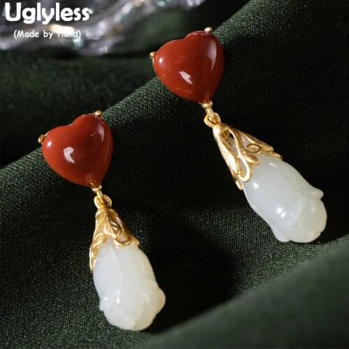 Uglyless Agate Sweet Heart Earrings for Women Real 925 Sterling Silver Magnolia Flower Earrings Jade Brincos Fine Jewelry E1402