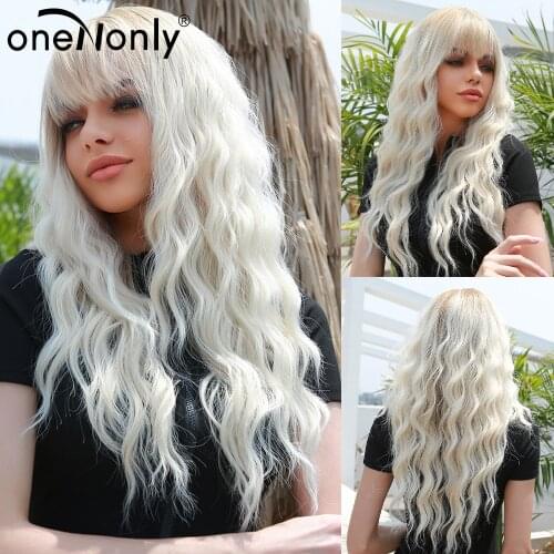 OneNonly Long Wavy Synthetic Wig for Women Girl Omber Light Brown White Cosplay Party Wigs with Bangs High Temperature Fiber