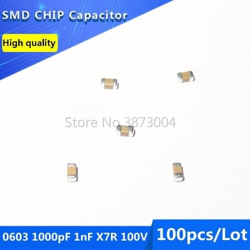 100pcs 0603 1000pF 1nF X7R 100V 10% X7R 100V 10% SMD Chip Capacitor