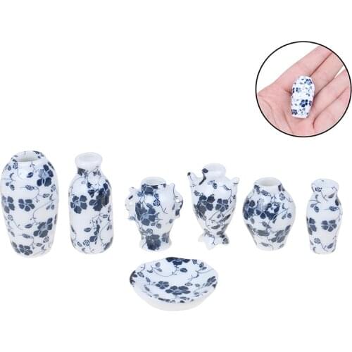 6pcs Mini Vases Of Different Shapes+ 1pc Plate Dollhouse Miniatures Accessories Decorative Ceramic Miniatures