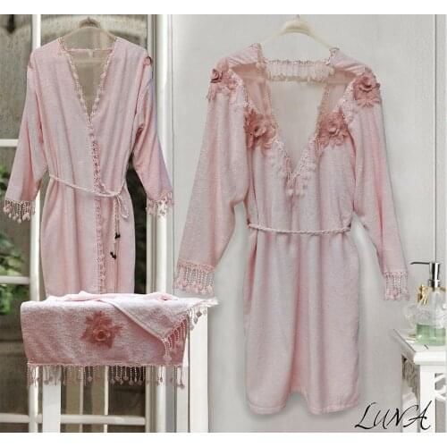 Bamboo Ruched Back Detailed Luna Lady Robe Set Powder