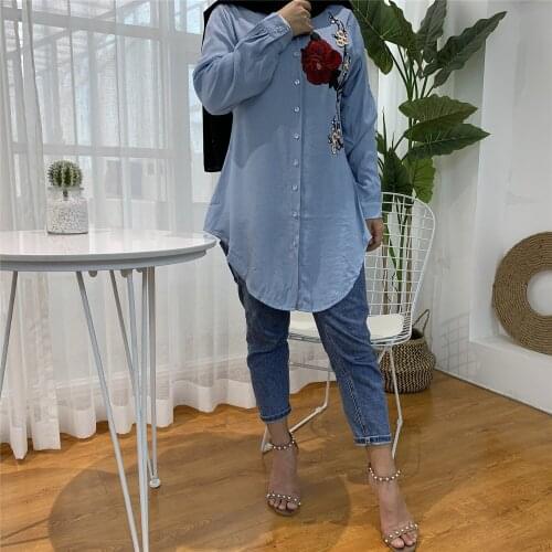 Donsignet Muslim Dress Fashion Middle East Duabi Abaya Turkey Robe Women Embroidery Lapel Long Sleeve Slim Plus Size Denim Tops