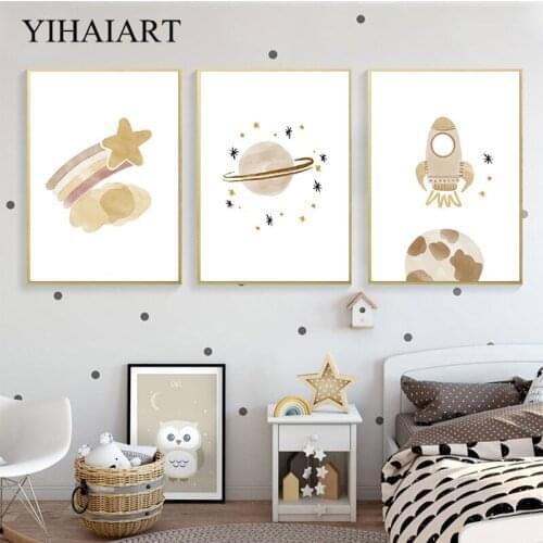 Nursery Spaceship Canvas Painting Rainbow Planet Moon Poster Universe Space Art Print Wall Picture Nordic Kids Bedroom Decor