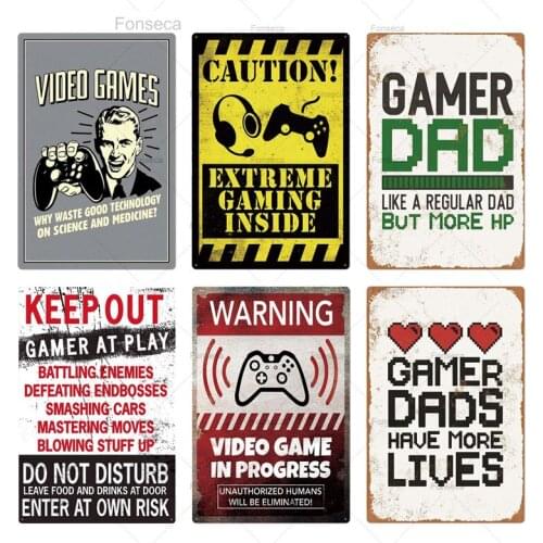 Funny Caution Gamer Metal Sign Warning Gamer At Work Tin Plates Wall Art Decor for House Bedroom Gamer Decoration 20x30cm