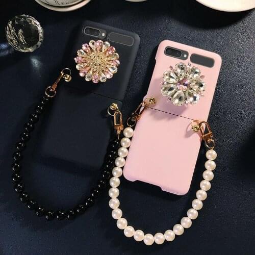 Fashion DIY Diamond Flower Stand Holder Bracket Pearl Hand Chain Case Cover For Samsung Galaxy Z Flip 4G 5G 3 Frosted Hard Cover