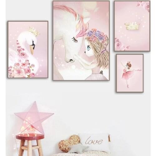 Cartoon Girl Unicorn Swan Horse Flower Crown Wall Art Canvas Painting Nordic Posters and Prints Wall Pictures Kids Room Decor
