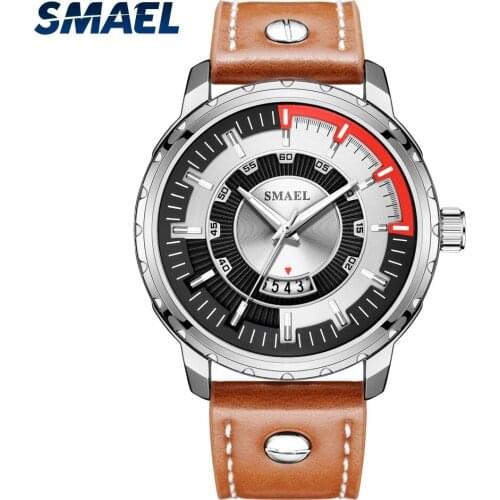 SMAEL Waterproof and Shatter-resistant Quartz Mens Casual Watch Automatic Date Update Leather Bracelet