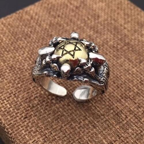 BOCAI New real pure S925 silver Man ring personality six-pointed star single skull wide domineering male jewelry