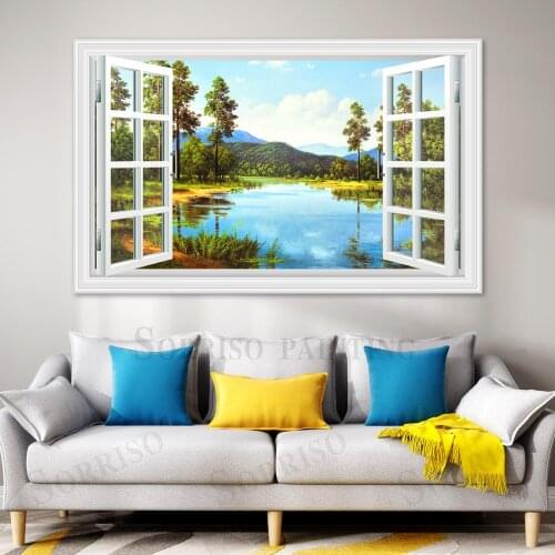 Lake Mountain Landscape Imitation Window Design 3D Wall Art Canvas Painting Pictures Posters And Prints Home Living Room Decor