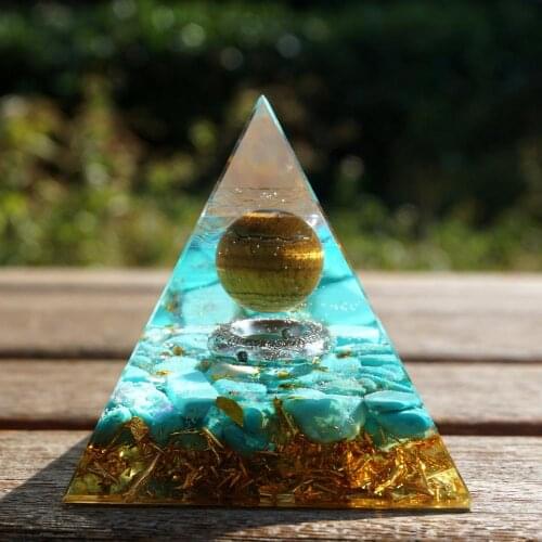 Handmade Orgonite Pyramid 60mm Tiger Eye Crystal Ball with Turquoise HEALING Reiki Orgone Pyramid Chakra EMF Protection
