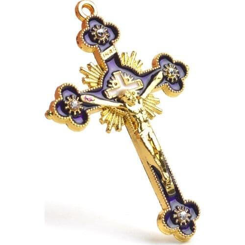 Purple Golden Alloy Church Crucifix 70x50mm Jesus Religious Catholic Cross Pendant 12pcs