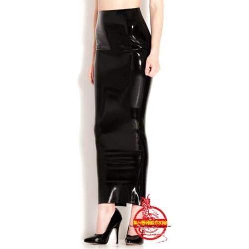 Sexy Womens Black Natural Tight Latex Dress Rubber Half-length Skirt Slit Dress Custom Design