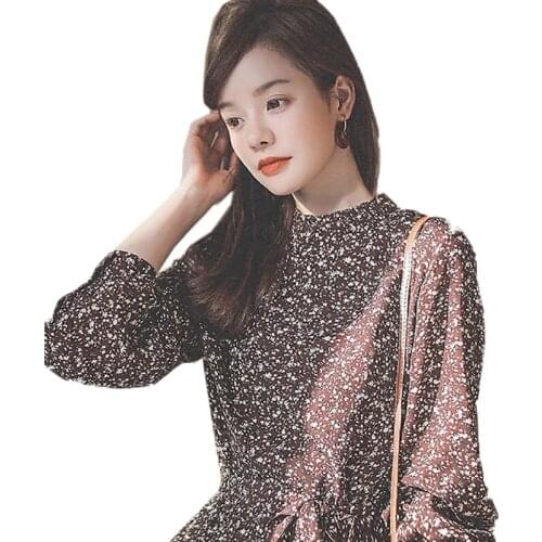 Autum Winter Coffee Color Floral Dress New Women Chiffon Long Sleeves Midi Skirts Ladies Receive Waist Lacing Up Dress Vestidos