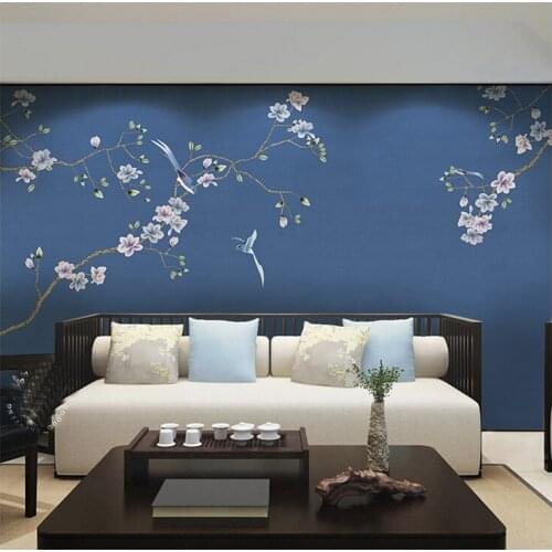 Bacaz Blue Chinese Flowers Birds Tree Forest Wallpaper Mural for Sofa Background Living room 3d Wall Murals Flower Wall paper