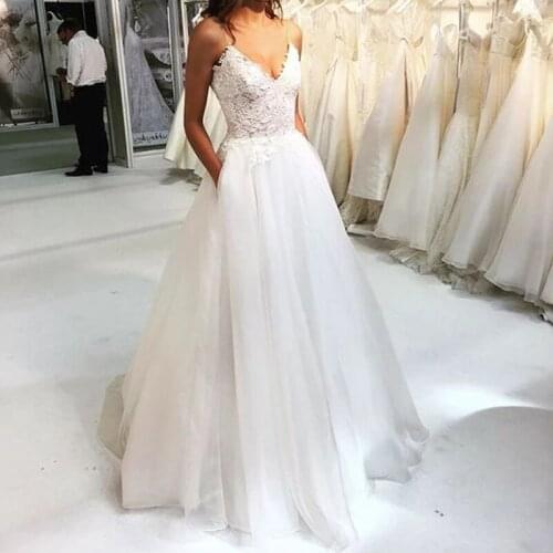ANGELSBRIDEP V-Neck Wedding Dresses Robe De Mariee Sexy Backless Lace Applique Simple Design Formal Bride Wedding Gown Plus Size