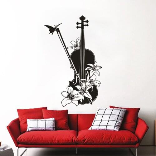 Violin Pattern Vinyl Wall Decals Music Studio Decor Musical Instrument Violin With Butterfly Flowers Stickers Poster DW20584