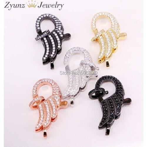 5PCS ZYZ324-9739 CZ Micro Pave Angel Wings Lobster Clasp, Cubic Zirconia Clasp, Findings