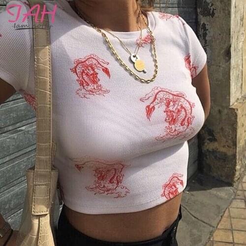 IAMHOTTY Chinese Dragon Pritn Womens T Shirt Top Harajuku Short Sleeve Cropped Tee Shirt New Fashion White Casual T-Shirt Femme