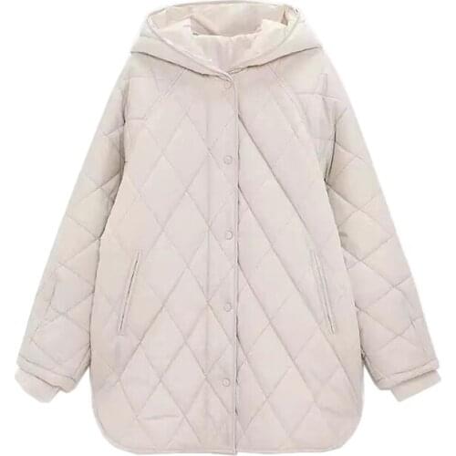 XNWMNZ 2021Winter Oversize Fashion Vintage Plaid Hooded Parka Women Casual Pockets Cotton Jackets Coat Loose Long Outwear Female