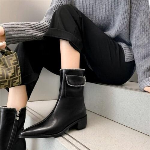 Women Boots 2021 Autumn New Pointed Toe Chunky High Heels Shoes Woman Fashion Pu Leather Western Boots Women Denim Shoes