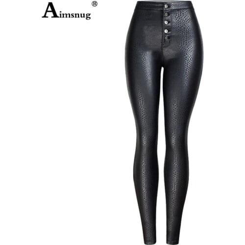 Women High Waist PU Leather Trousers Snake Print Skinny Pencil Pants Girls Button Plus velvet Faux Leather Spring Winter Pants