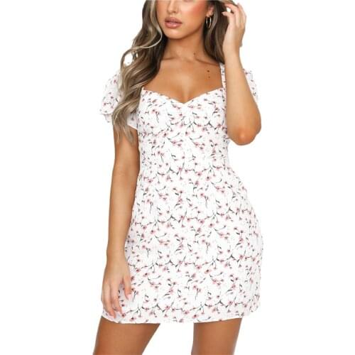Women Dresses Summer Sexy Deep V Neck Floral Print Boho Beach Dress Ruffle Short Sleeve A Line Mini Dress Elegant Sundress 2021